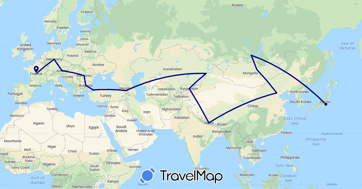 TravelMap itinerary: driving in Armenia, Austria, Bulgaria, China, Germany, France, Japan, Kyrgyzstan, Kazakhstan, Mongolia, Nepal, Romania, Russia, Turkey (Asia, Europe)